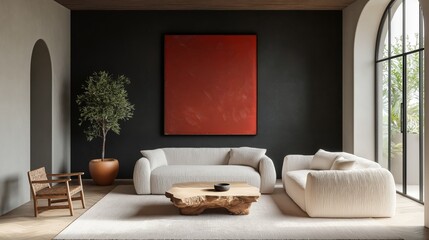 Generative AI, Modern living room with sculptural furniture, a bold crimson artwork, and natural wood details