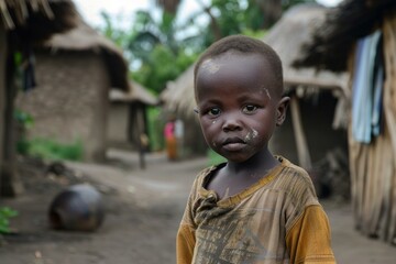 Young african boy standing in his village wearing dirty clothes