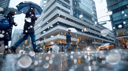 Blue Monday.A rainy urban street with vibrant umbrellas and blurred city life in the background.