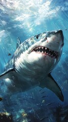 Fototapeta premium Great white shark underwater, sunlight.