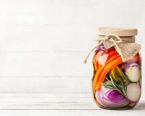Jar of homemade pickled vegetables, white background