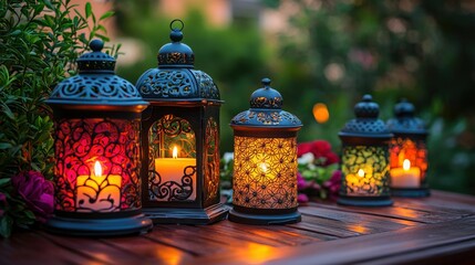 Fototapeta premium Elegant lanterns glowing softly, surrounded by lush greenery, create a serene and enchanting atmosphere perfect for evening relaxation.