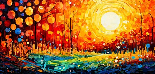 Obraz premium A painting of a forest with a sun in the sky