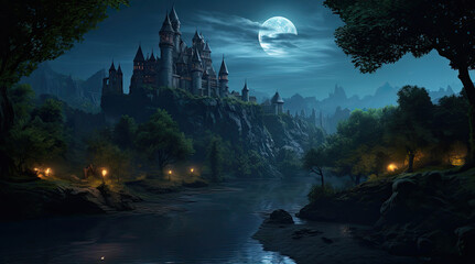 A view of an ancient building, a river, and the moon at night
