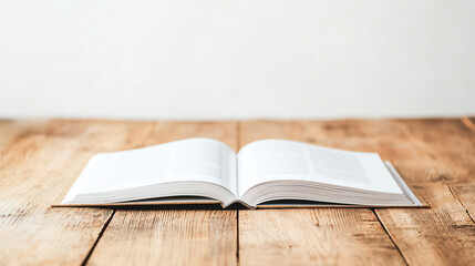 Open book on wooden table with blank pages, inviting reading and creativity