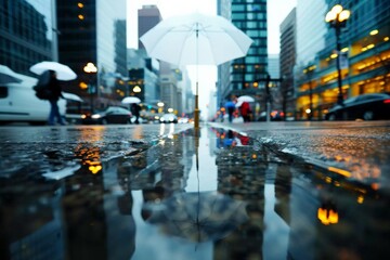 Obraz premium Blue Monday. Close-up of a person walking through a wet urban street surrounded by city life and umbrellas.