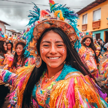 arnival fantasy party: Woman dressed in colorful clothes, smiling and dancing at brazil carnival