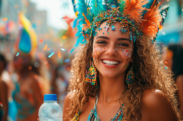 Beautiful woman smiling, dressed in colorful clothes, dancing samba at carnival fantasy party.