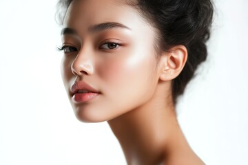 Close-Up Portrait of a Asian Woman Model for Skincare Advertisement, Isolated on White Background