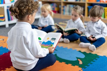 Fototapeta premium Elementary School Teacher Day. Children sitting on colorful mats, reading books in a bright and engaging classroom setting.