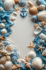 Obraz premium A summer beach concept artwork frame with seashells, starfishes, and blue sea waves against a white sand beach background with copy space.