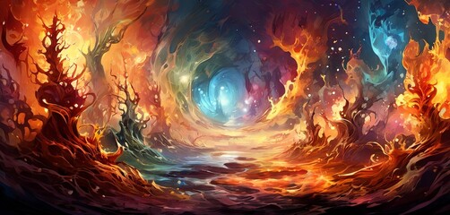 A colorful, surreal landscape with trees and a large, glowing orb in the center