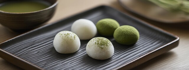 Mochi and matcha treats on a sleek black plate highlighting minimalist dessert presentation