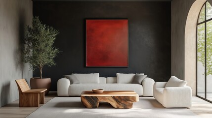 Generative AI, Modern living room with sculptural furniture, a bold crimson artwork, and natural wood details