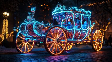 A beautifully illuminated carriage adorned with colorful lights, creating a magical atmosphere in a festive setting.