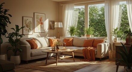 Fototapeta premium Cozy living room, warm sunlight, large windows, lush green plants, beige sofa, orange accent pillows, wooden coffee table, neutral color palette, framed artwork, natural textures, jute rug, bohemian d