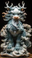 Fototapeta premium Intricate Blue Dragon Figurine Amidst Stylized Clouds; Detailed Carving, Mythical Creature