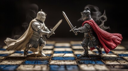 Two armored knights prepare for battle on a chessboard, swords drawn, with a mystical atmosphere enhanced by swirling smoke.