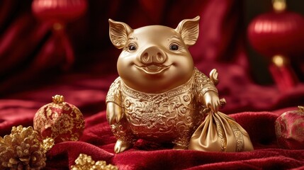 Fototapeta premium A lucky pig figurine crafted in gold, holding a money bag, placed on a red velvet surface with Chinese New Year decorations