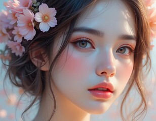 Fototapeta premium A digital portrait of a woman with glowing skin and flowers in her hair, painted in pastel tones.
