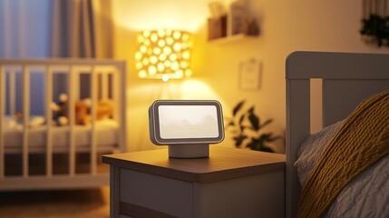 A bedside table with a lamp and a digital display in a cozy, softly lit nursery.