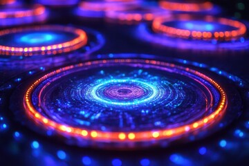 Circular structures glowing with holographic data patterns, symbolizing futuristic teamwork and scientific collaboration