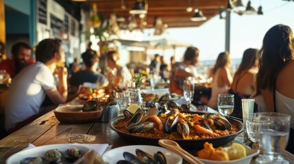 Communal dining experience showcasing traditional paella in Spain, highlighting fresh seafood and vibrant flavors at sunset