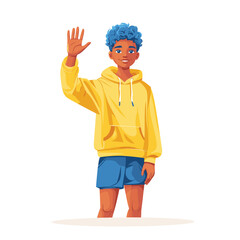 Illustration of blue-haired man in yellow hoodie and blue shorts.