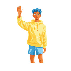 Illustration of blue-haired man in yellow hoodie and blue shorts.