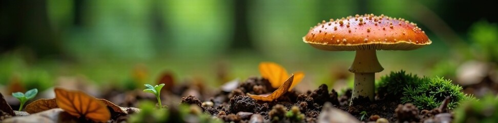 Forest floor with a single, large ball-shaped mushroom, leaf litter, fungi, forest floor