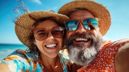 A cheerful couple wearing sunglasses and hats smiles brightly while taking a selfie together, capturing the sunny and joyful vibes of a beachside outing.