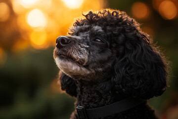 Curly-haired poodle gazes into the warm evening sun, creating a serene and peaceful outdoor moment.
