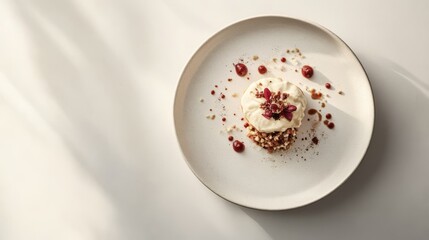 Obraz premium White table with artisanal creation on minimalist plate and taupe background