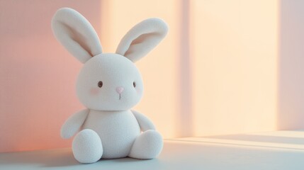 Obraz premium A soft, plush white bunny toy sits on a surface, illuminated by gentle sunlight.
