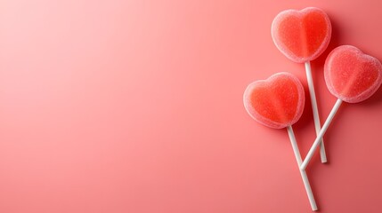 Colorful heart-shaped lollipops arranged against a soft pink background, perfect for use in promotions related to love, sweetness, or desserts for holidays and celebrations,
