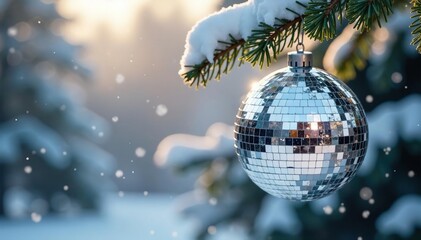 A silver disco ball hanging from tree branches covered in snowy flakes, disco, winter, silver