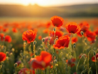 Obraz premium Vibrant poppy field at sunset with golden light and blooming flowers
