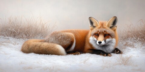 Obraz premium A stunning portrayal of a red fox resting gracefully in a snowy landscape, surrounded by frosted grasses.