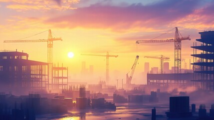 Obraz premium Industrial Construction Site at Sunset with Cranes and Materials