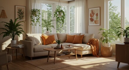 Obraz premium Cozy living room, warm sunlight, large windows, lush green plants, beige sofa, orange accent pillows, wooden coffee table, neutral color palette, framed artwork, natural textures, jute rug, bohemian d