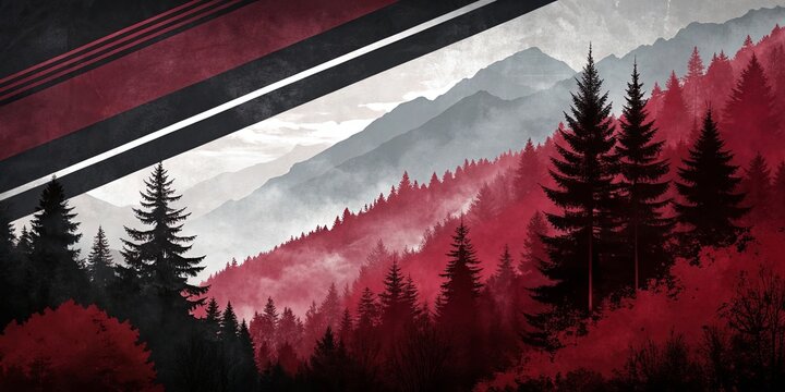 A mountain range with a red forest in the foreground