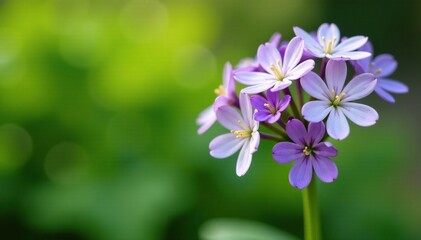 A bouquet of small white and purple flowers sways gently in the breeze on a lush green stem, garden, nature