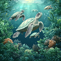 Obraz premium Sea turtles swim amongst coral reef in sunlit ocean