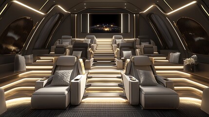 Luxurious home theater with tiered seating, ambient lighting, and large screen.