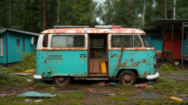 The image showcases a rustic turquoise van parked in a forest, surrounded by lush greenery, embodying vintage vibes with a sense of adventure and exploration.