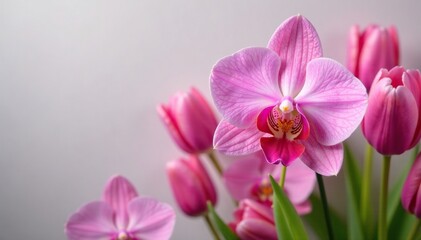 A delicate orchid adds a touch of elegance to the tulips, blooming season, elegant flowers
