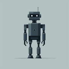 Robot in pixel art style against light blue background.