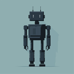 Robot in pixel art style against light blue background.