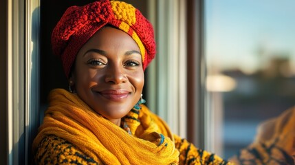 A cheerful woman wears a bright red headwrap and colorful attire, exuding warmth and positivity as she smiles gently at the camera in natural light.