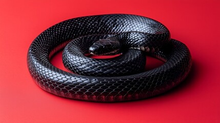 Fototapeta premium A shiny black snake elegantly coiled on a striking red surface, showcasing the beauty and detail of its scales.